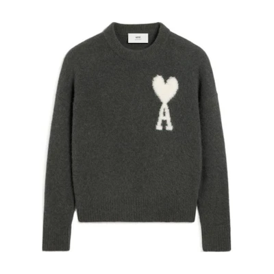 AMI Paris White Heart Embroidered Crewneck Cloud Sweater Unisex Grey. UKS025KN0032-061