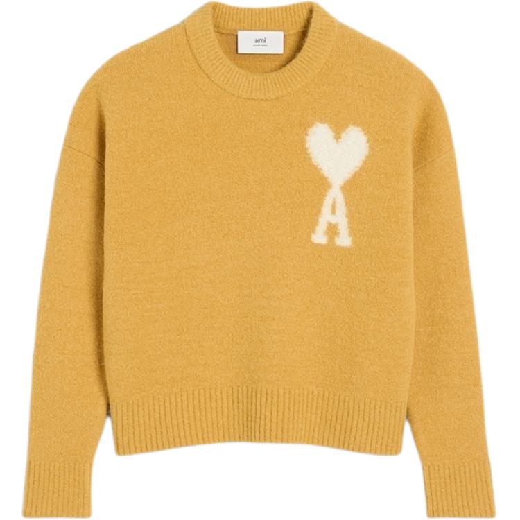 AMI PARIS White Heart Embroidered Crewneck Cloud Sweater Unisex Mustard Yellow UKS025KN0032-724