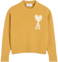 AMI PARIS White Heart Embroidered Crewneck Cloud Sweater Unisex Mustard Yellow UKS025KN0032-724 AMI PARIS White Heart Embroidered Crewneck Cloud Sweater Unisex Mustard Yellow UKS025KN0032-724