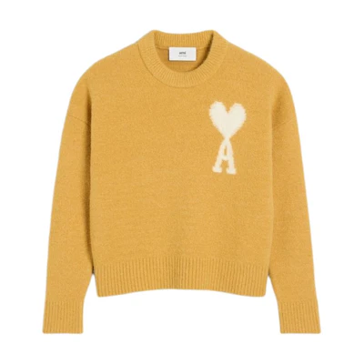 AMI PARIS White Heart Embroidered Crewneck Cloud Sweater Unisex Mustard Yellow UKS025KN0032-724