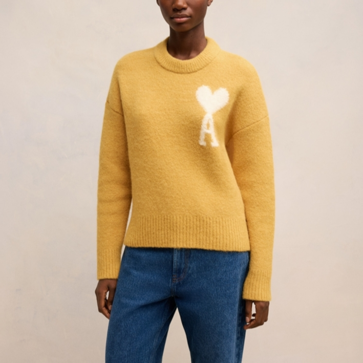 Lookbook AMI PARIS White Heart Embroidered Crewneck Cloud Sweater Unisex Mustard Yellow UKS025KN0032-724