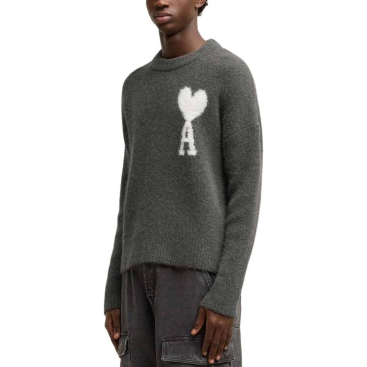 Shop AMI Paris 白心刺繡雲灰色中性圓領毛衣 UKS025KN0032-061