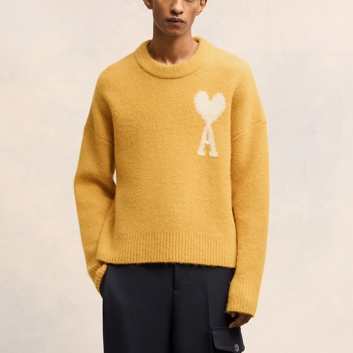 Purchase AMI PARIS White Heart Embroidered Crewneck Cloud Sweater Unisex Mustard Yellow UKS025KN0032-724