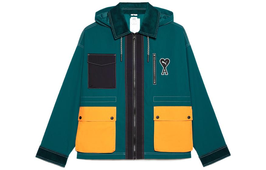 AMI PARIS PUMA FW22 Colorblock Hooded Zip Jacket Green Unisex SPEUJK001001-310