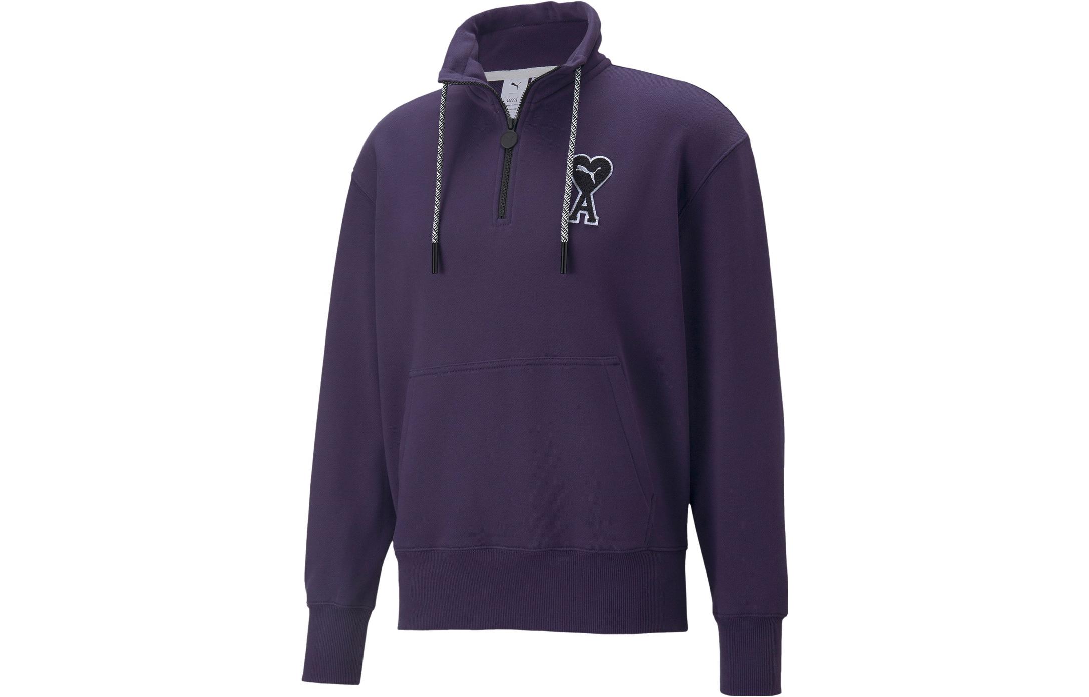 AMI PARIS PUMA Heart Logo Drawstring Zip Hoodie Purple Unisex Couples' Edition 535993-89