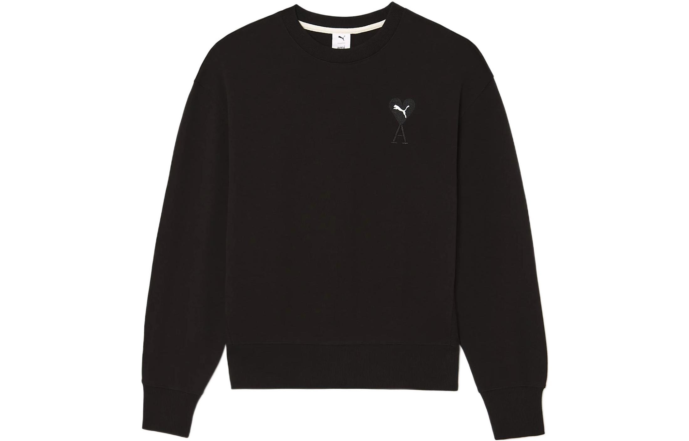 AMI PARIS Puma SS22 Unisex Black Crewneck Sweatshirt with Heart Logo Embroidery USW199-007001