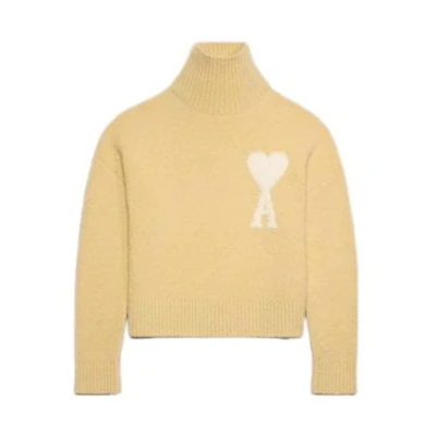 AMI PARIS Yellow Heart Logo Alpaca Blend Turtleneck Sweater Unisex UKS425KN0032-719