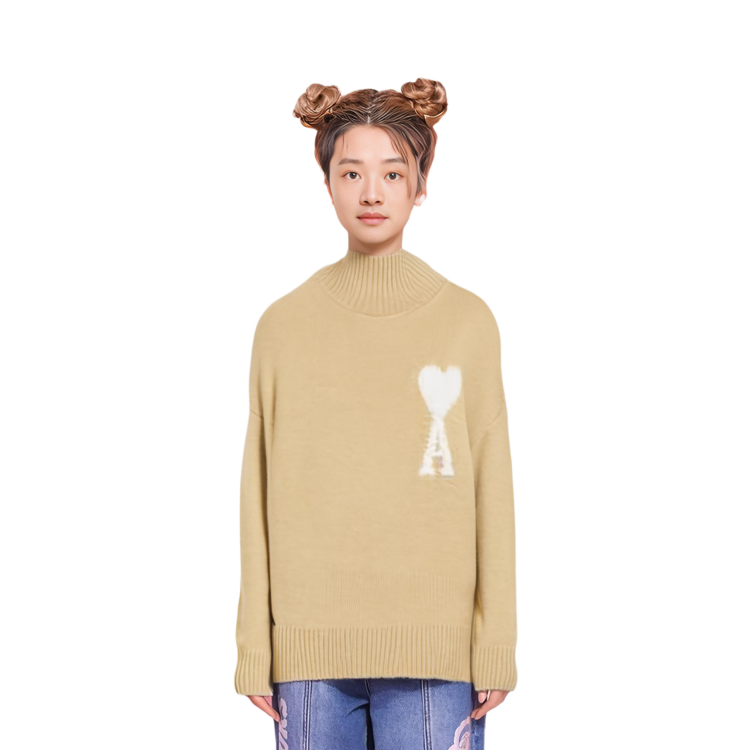Lookbook AMI PARIS黃色愛心標誌羊駝毛混紡高領毛衣男女同款 UKS425KN0032-719
