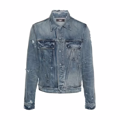 AMIRI Distressed Logo Patch Denim Jacket Mid Blue. AMDNTR1001-406