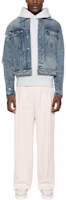Lookbook AMIRI Distressed Logo Patch Denim Jacket Mid Blue. AMDNTR1001-406