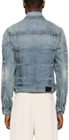 Shop AMIRI Distressed Logo Patch Denim Jacket Mid Blue. AMDNTR1001-406