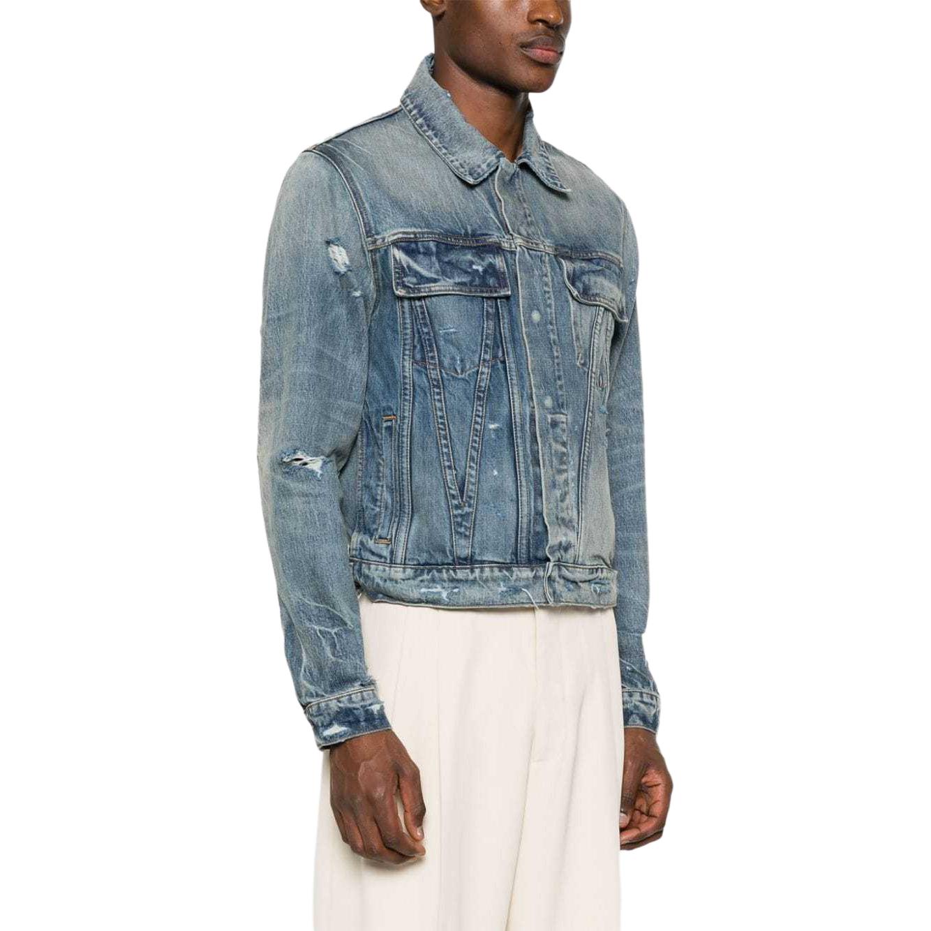 Purchase AMIRI 做舊標誌貼布牛仔外套 中藍色 AMDNTR1001-406