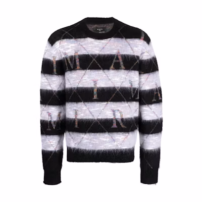 AMIRI Gray Striped Letter Intarsia Crewneck Knit Sweater PS23MKL010-004