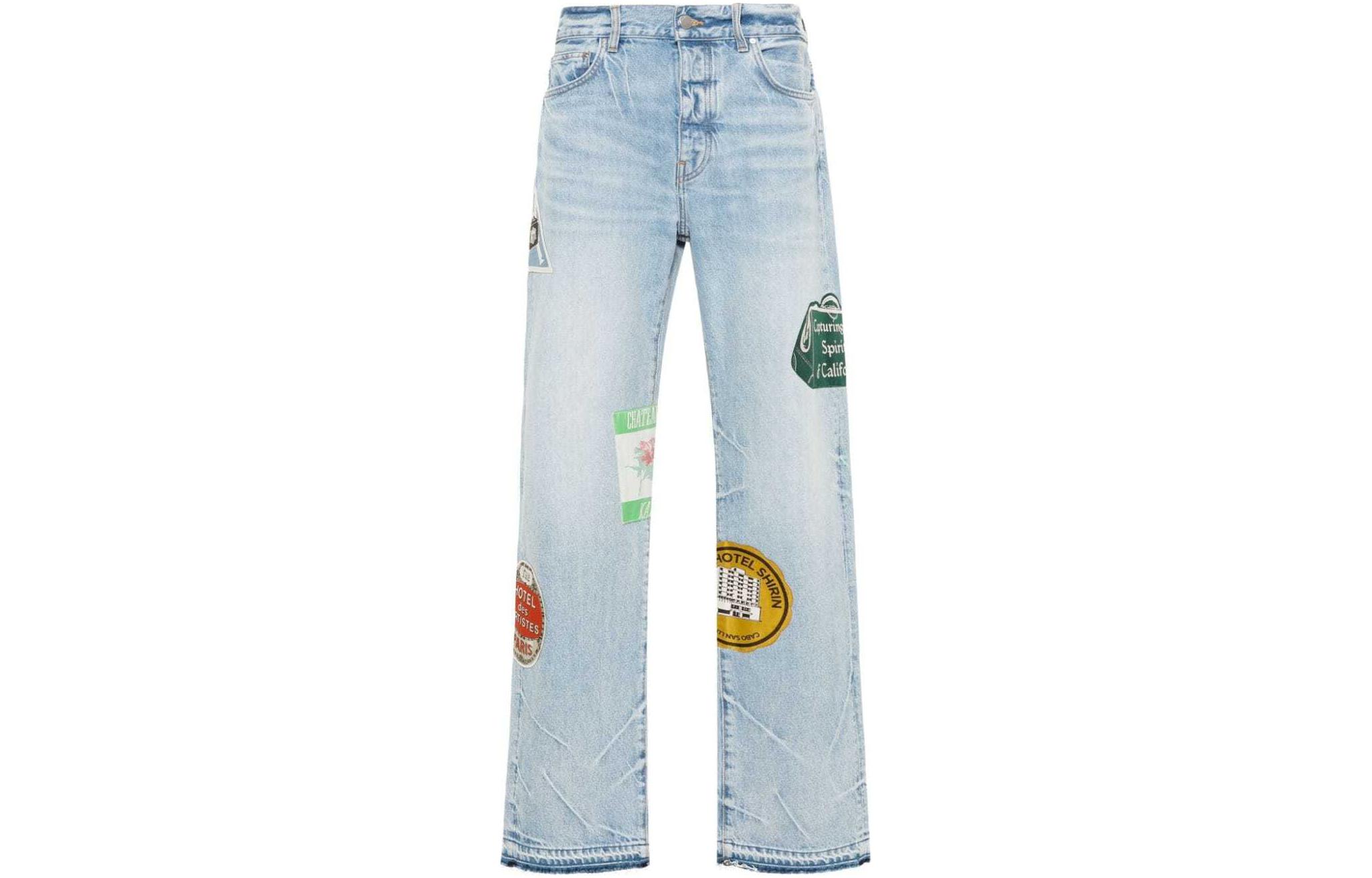 AMIRI  Light Blue Travel Patchwork Straight Cut Raw Hem Jeans. AMDNGG1001