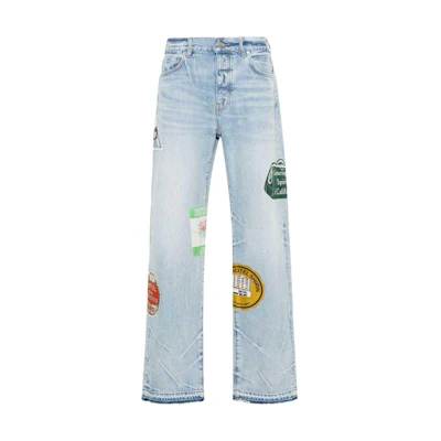 AMIRI Light Blue Travel Patchwork Straight Cut Raw Hem Jeans. AMDNGG1001