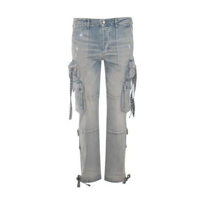 AMIRI Washed High-Waist Multi-Pocket Strap Zip Jogger Jeans Light Blue AMDNCG1001406