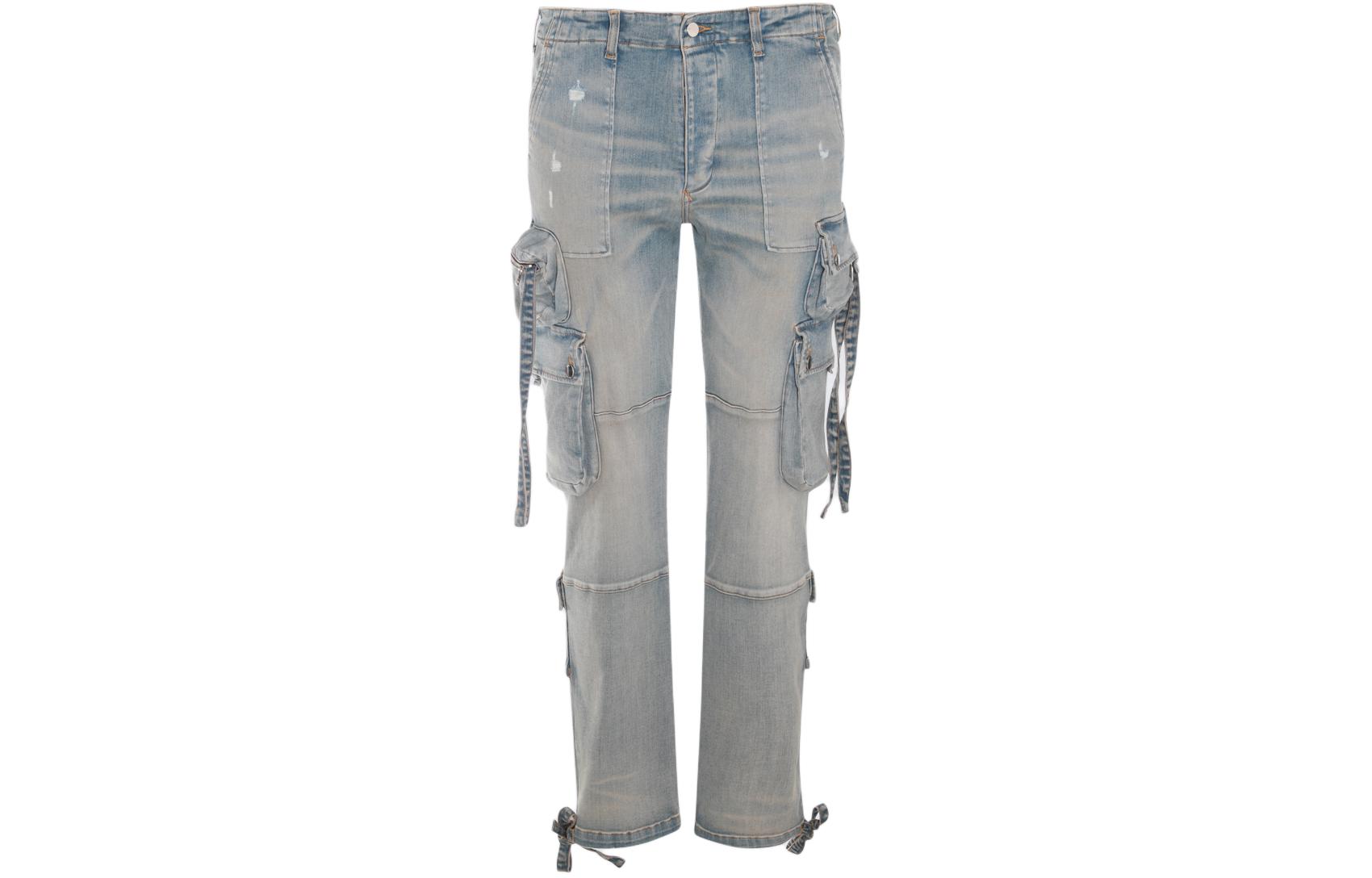 Order AMIRI 淺藍色洗舊高腰多口袋拉鍊吊帶慢跑褲牛仔褲 AMDNCG1001406