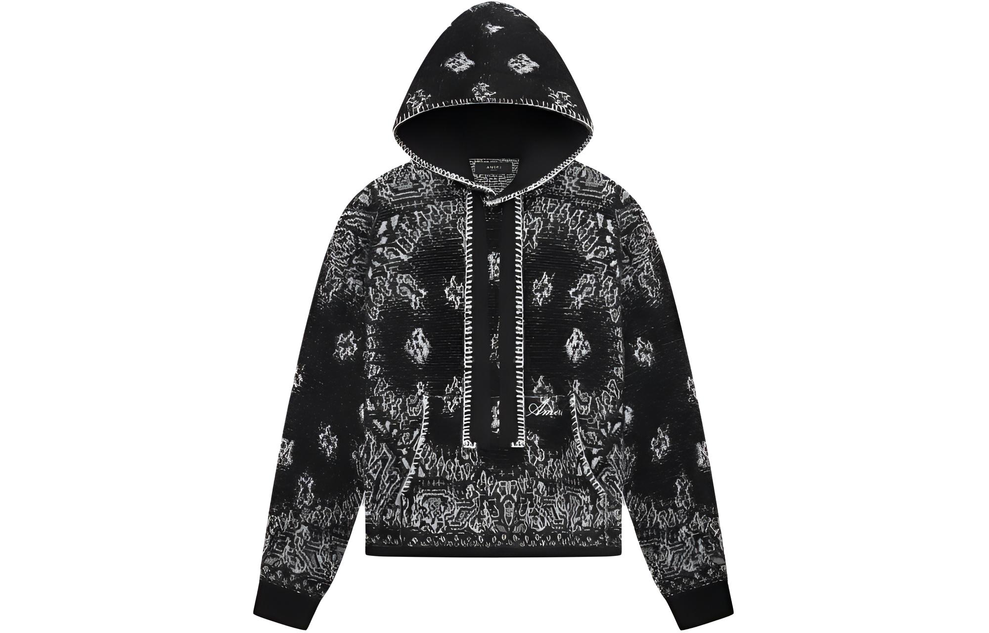AMIRI Bandana Hoodie Black Floral Print Pullover Adjustable Fit PS24MKH002-001