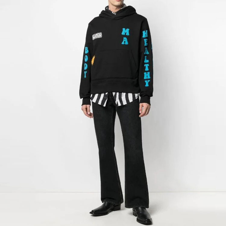 Lookbook AMIRI Black Cotton Ribbed Logo Patch Pullover Hoodie MJGH001-001