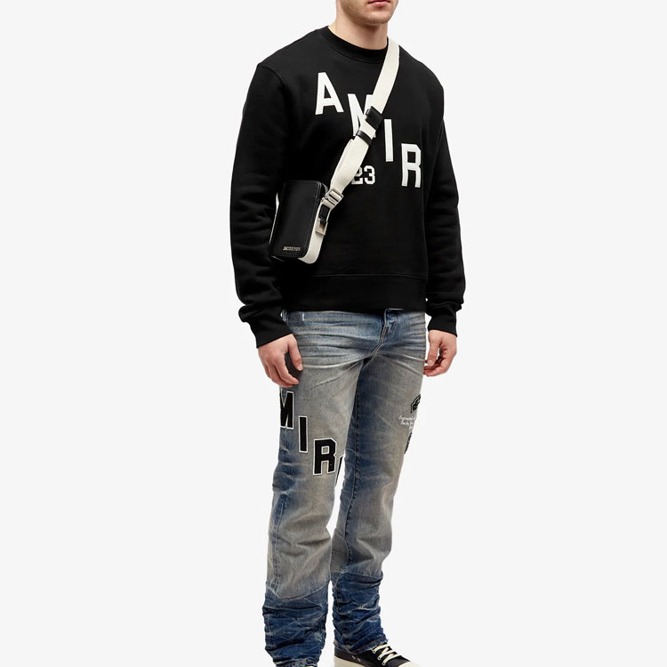 Cheap AMIRI Black Crewneck Letter Print Long Sleeve Sweatshirt AW23MJG023-001
