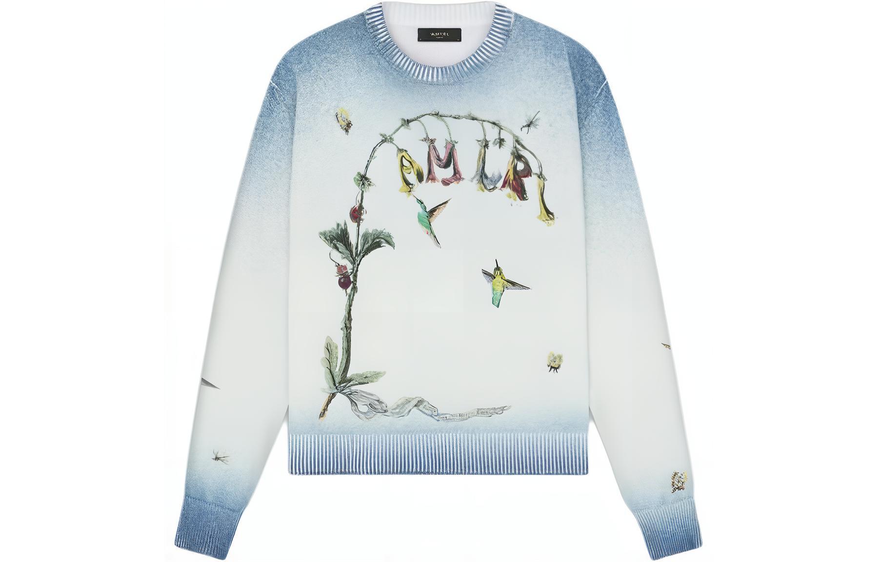 AMIRI Embroidered Hummingbird Crew Neck Sweater  Blue Long Sleeve. AMKNCW1008-420