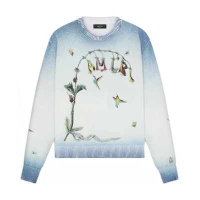 AMIRI Embroidered Hummingbird Crew Neck Sweater Blue Long Sleeve. AMKNCW1008-420