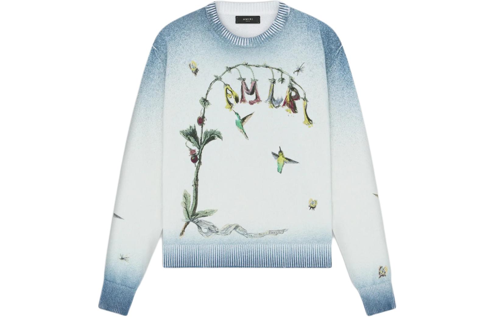 Order AMIRI Sweater Crew Neck Lengan Panjang Biru Bordir Hummingbird. AMKNCW1008-420