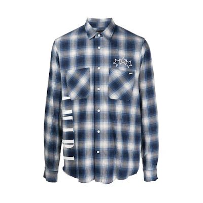 AMIRI FW21 Logo Print Plaid Long Sleeve Shirt Blue Mens. MSL052-466