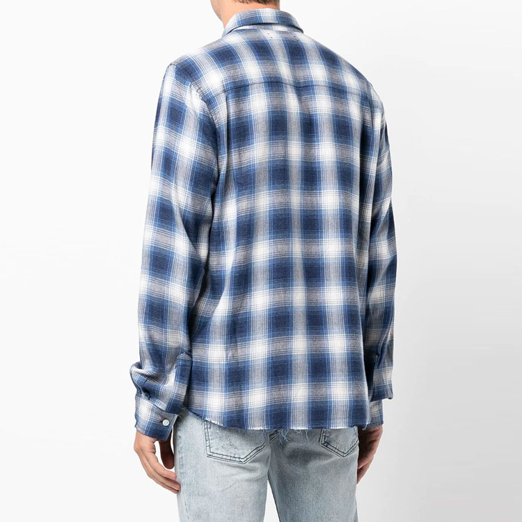 Shop AMIRI FW21 藍色格紋長袖襯衫 男裝 標誌印花。 MSL052-466