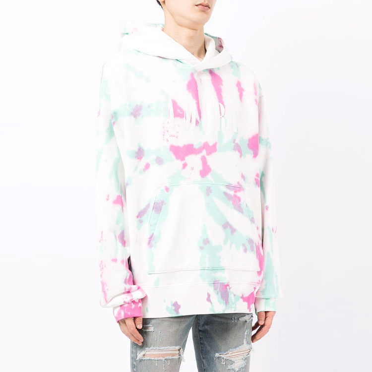 Shop AMIRI FW21 White Tie-Dye Printed Logo Pullover Hoodie MJGH012-349