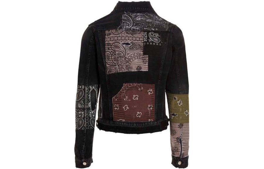Lookbook AMIRI FW22 ブラック ディストレッスド パッチワーク ショート デニム ジャケット. MDT005-023