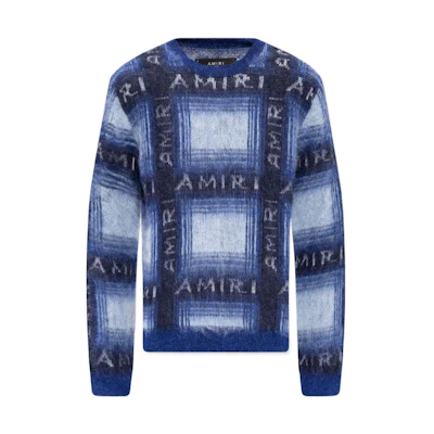 AMIRI FW22 Blue Knit Sweater with Letter Print Crewneck Design. AW22MKL004-420