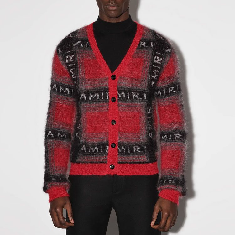 Lookbook AMIRI 秋冬22 紅色V領長袖馬海毛開襟毛衣. AW22MKC012-610
