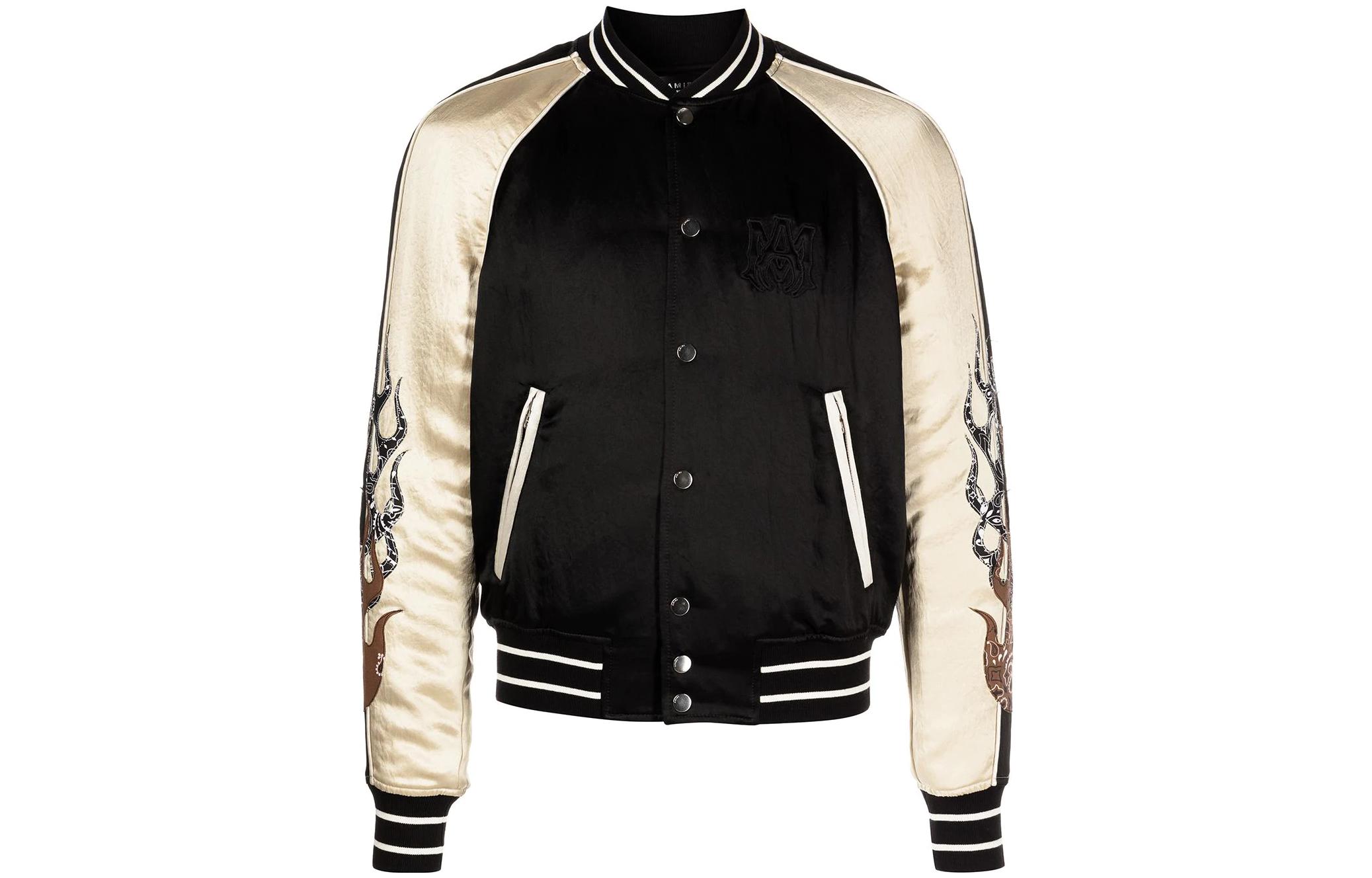 AMIRI FW22 Black Gold Satin Jacket with Flame Embroidery PS22M0S020001