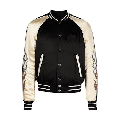 AMIRI FW22 Black Gold Satin Jacket with Flame Embroidery PS22M0S020001