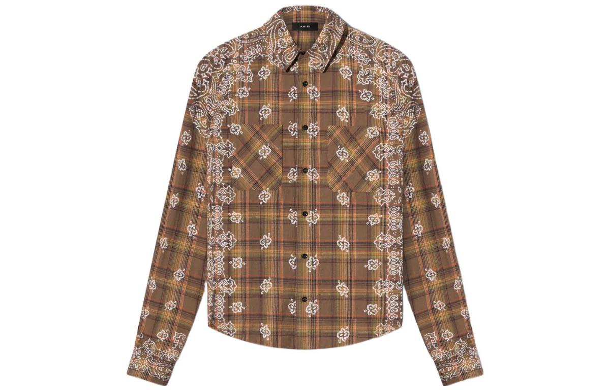 AMIRI FW22 Bleach Bandana Shadow Plaid Long Sleeve Shirt Brown . PF22MSL004-210