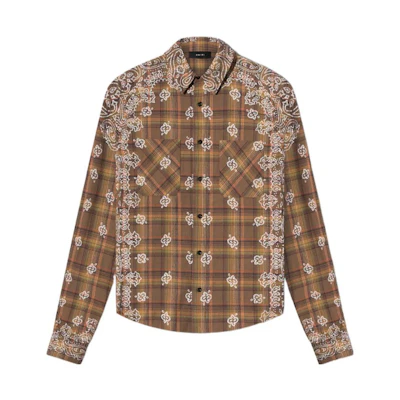 AMIRI FW22 Bleach Bandana Shadow Plaid Long Sleeve Shirt Brown . PF22MSL004-210