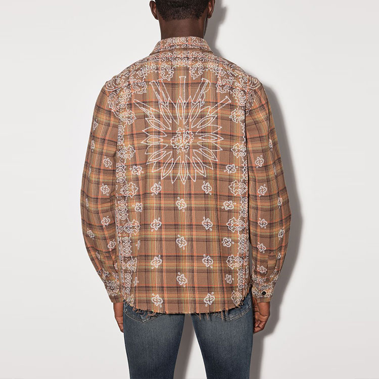 Shop AMIRI FW22 Kemeja Lengan Panjang Bandana Bleach Shadow Plaid Coklat. PF22MSL004-210