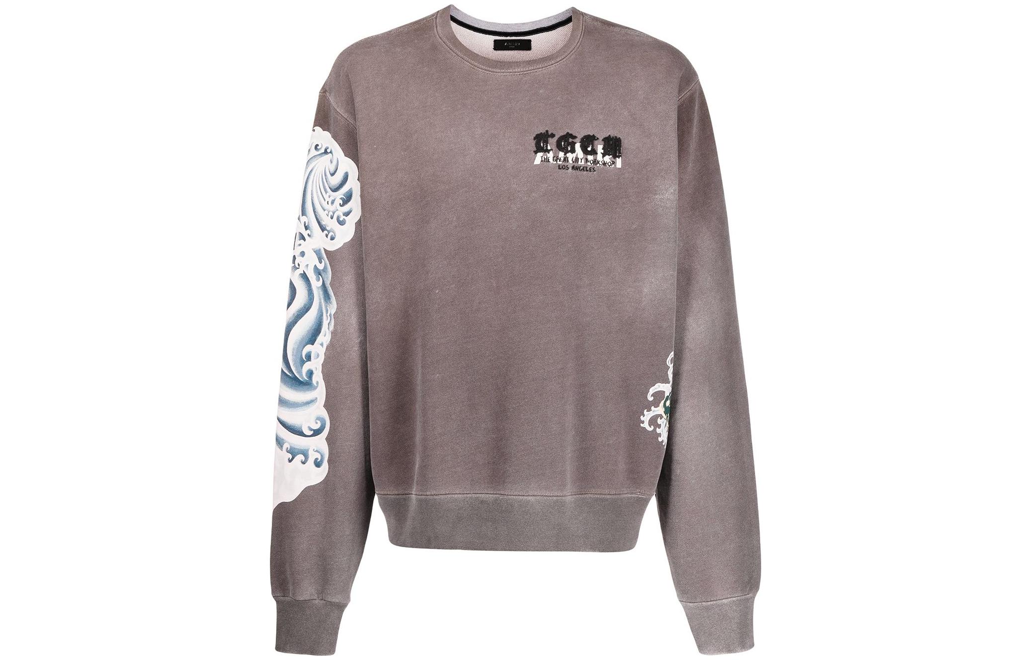 AMIRI FW22 Brown Crewneck Sweatshirt with Embroidered Logo & Cloud Sleeve Print PS22MJG032210