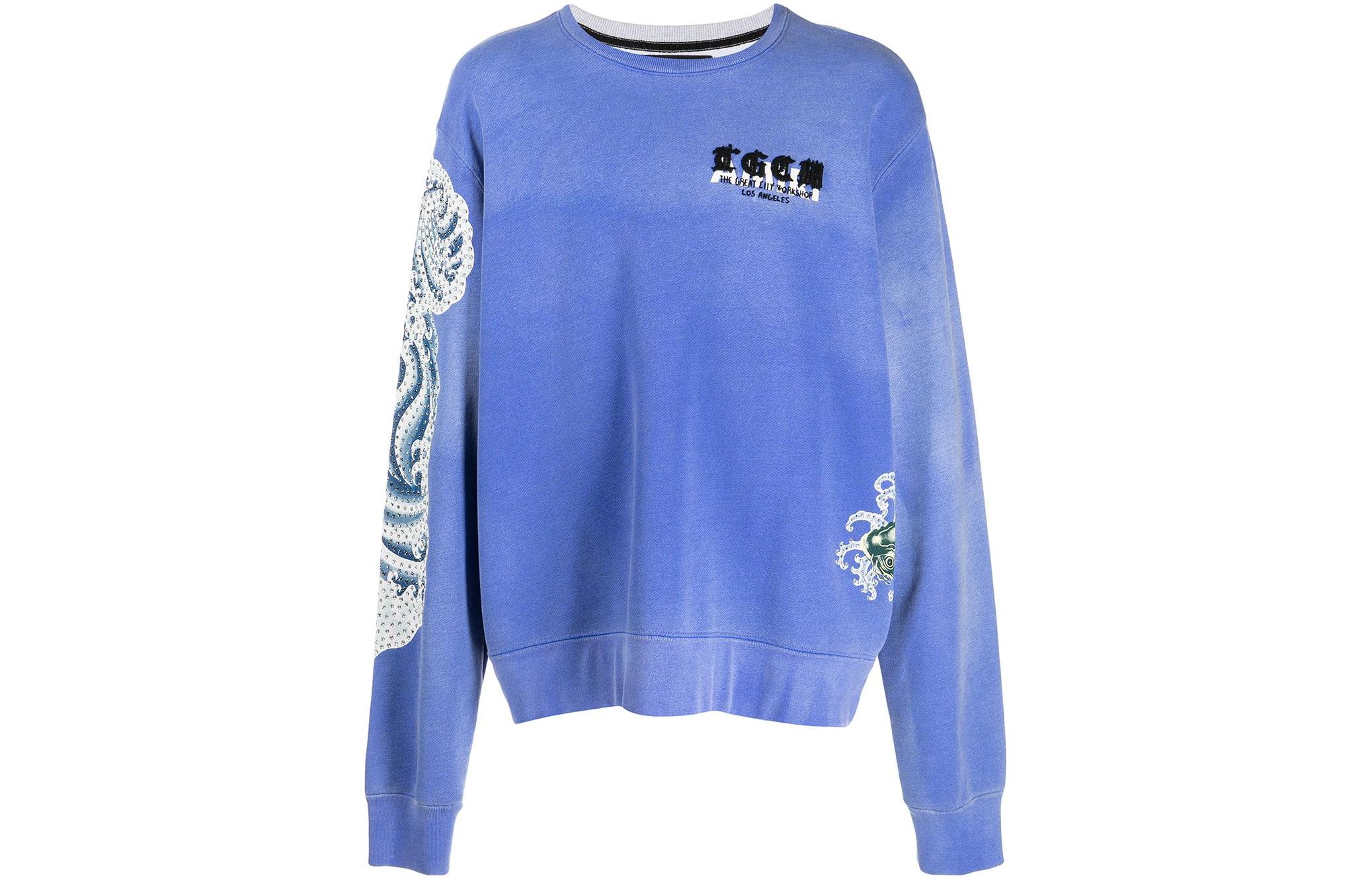 AMIRI FW22 Distressed Graphic Crewneck Sweatshirt Blue Edition PS22MJG060420420