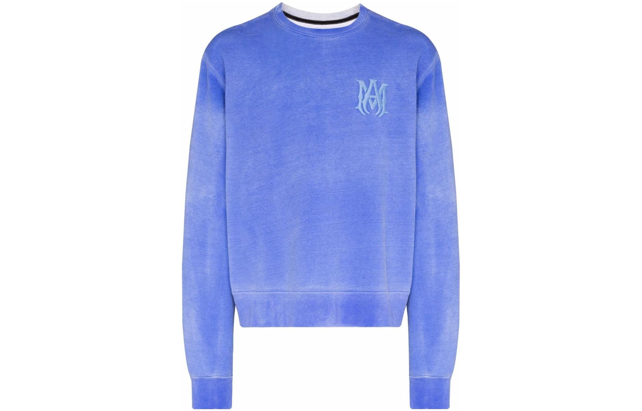 AMIRI FW22 Distressed Logo Embroidered Crewneck Sweatshirt Blue (Men) PS22MJL042420