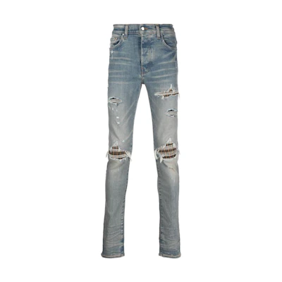 AMIRI FW22 Distressed Plaid Patch Slim Jeans Men’s Blue. PF22MDS082408