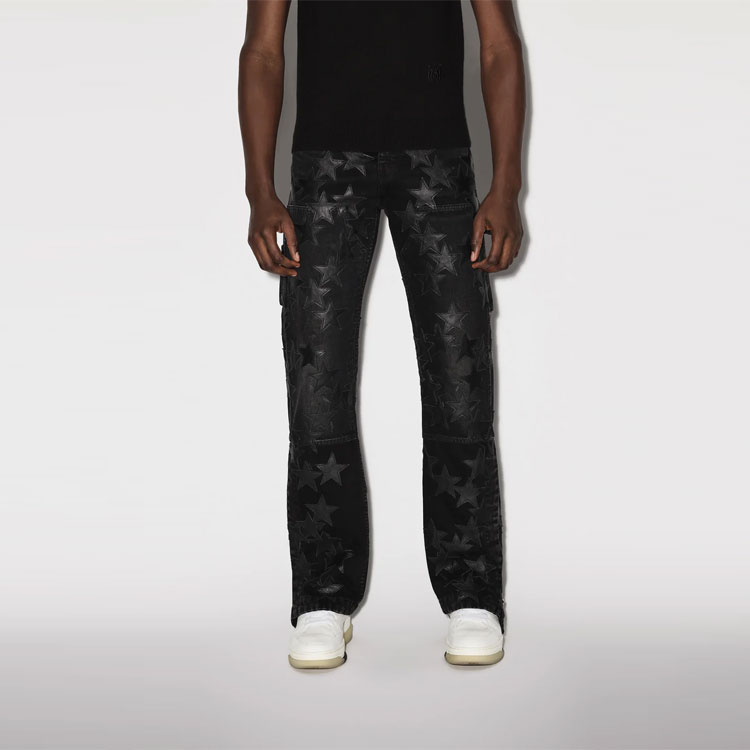 Lookbook AMIRI FW22 Distressed Star Printed Button-Up Jeans Men’s Black. PS23MDF007-023
