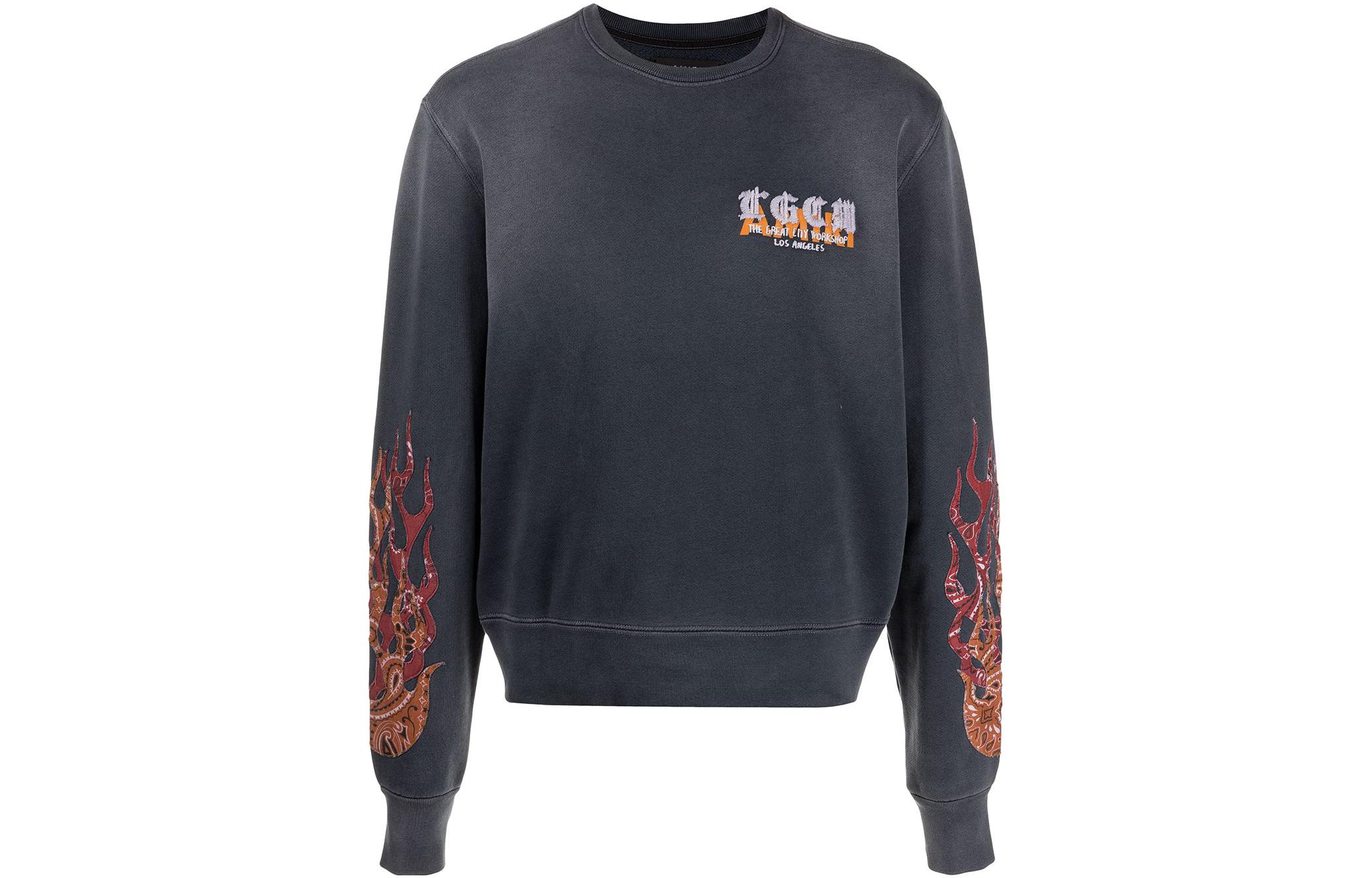 AMIRI FW22 Embroidered Logo Flame Appliqué Gray Long Sleeve Sweatshirt Men. ps22mjg030