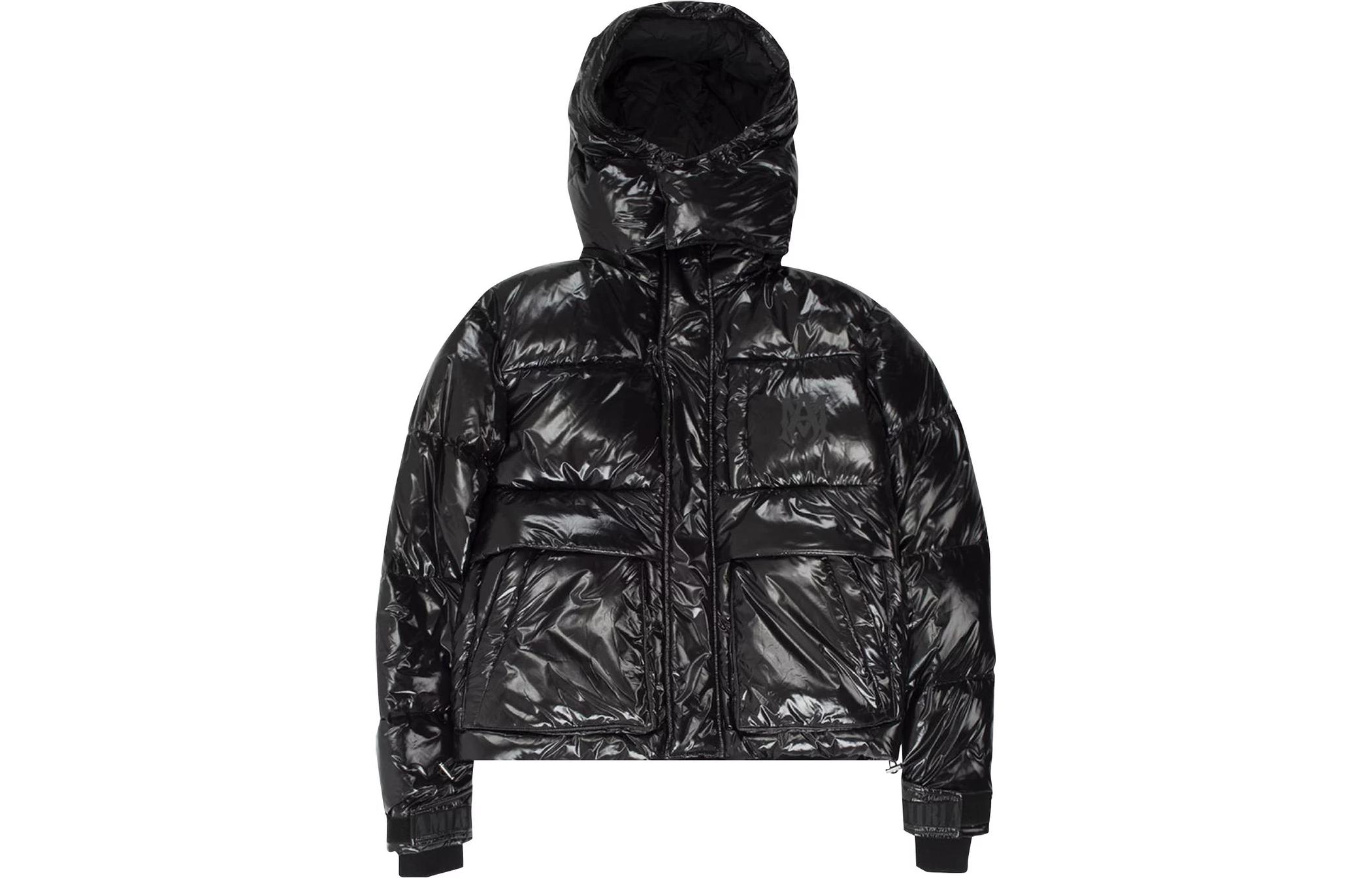 AMIRI FW22 Glossy Black Multi-Pocket Logo Patch Hooded Jacket Mens PS22M0S005-001