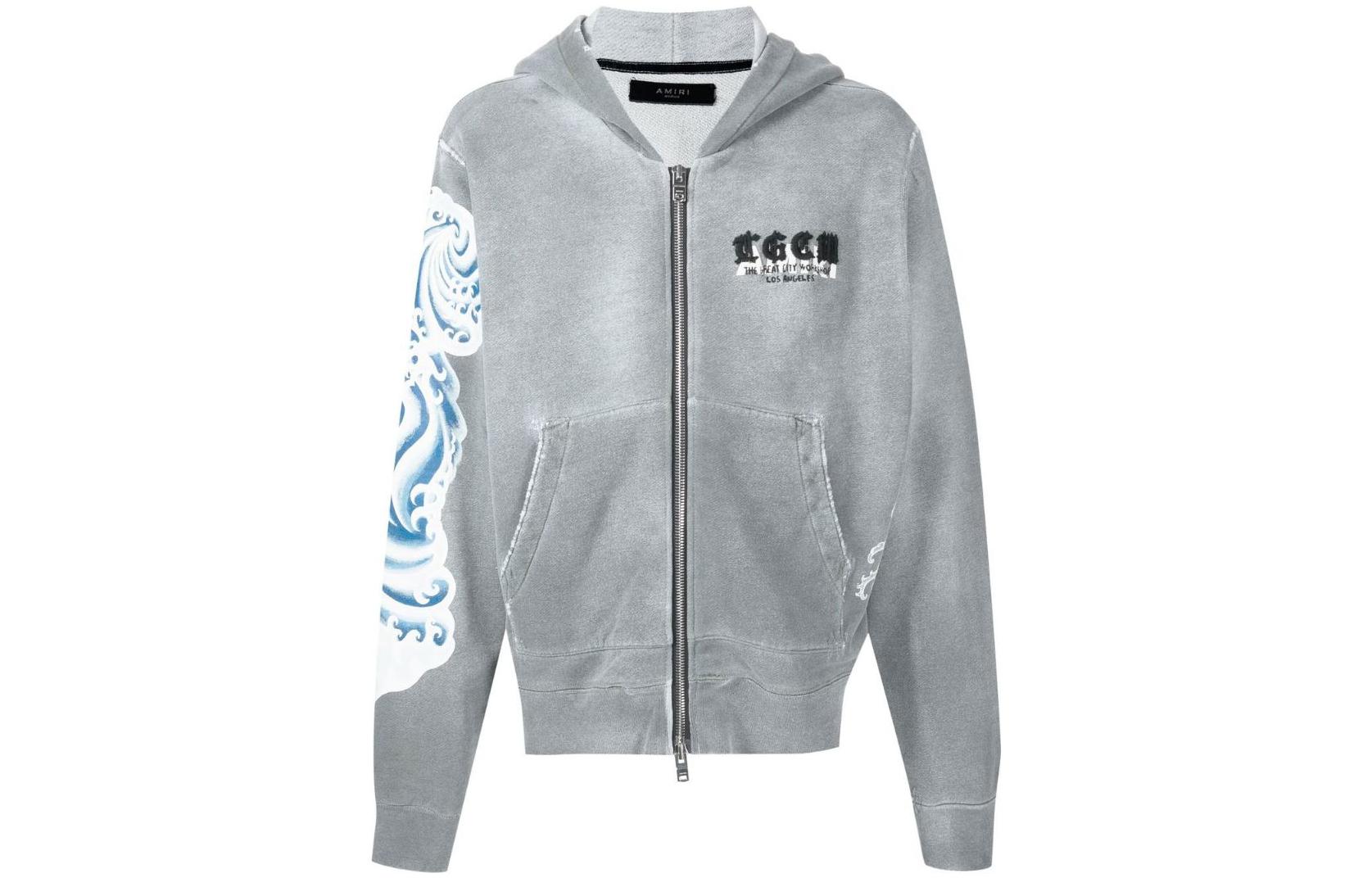 AMIRI FW22 Grey Logo Embroidered Faded Effect Zip Hoodie for Men PS22MJG033310STH310