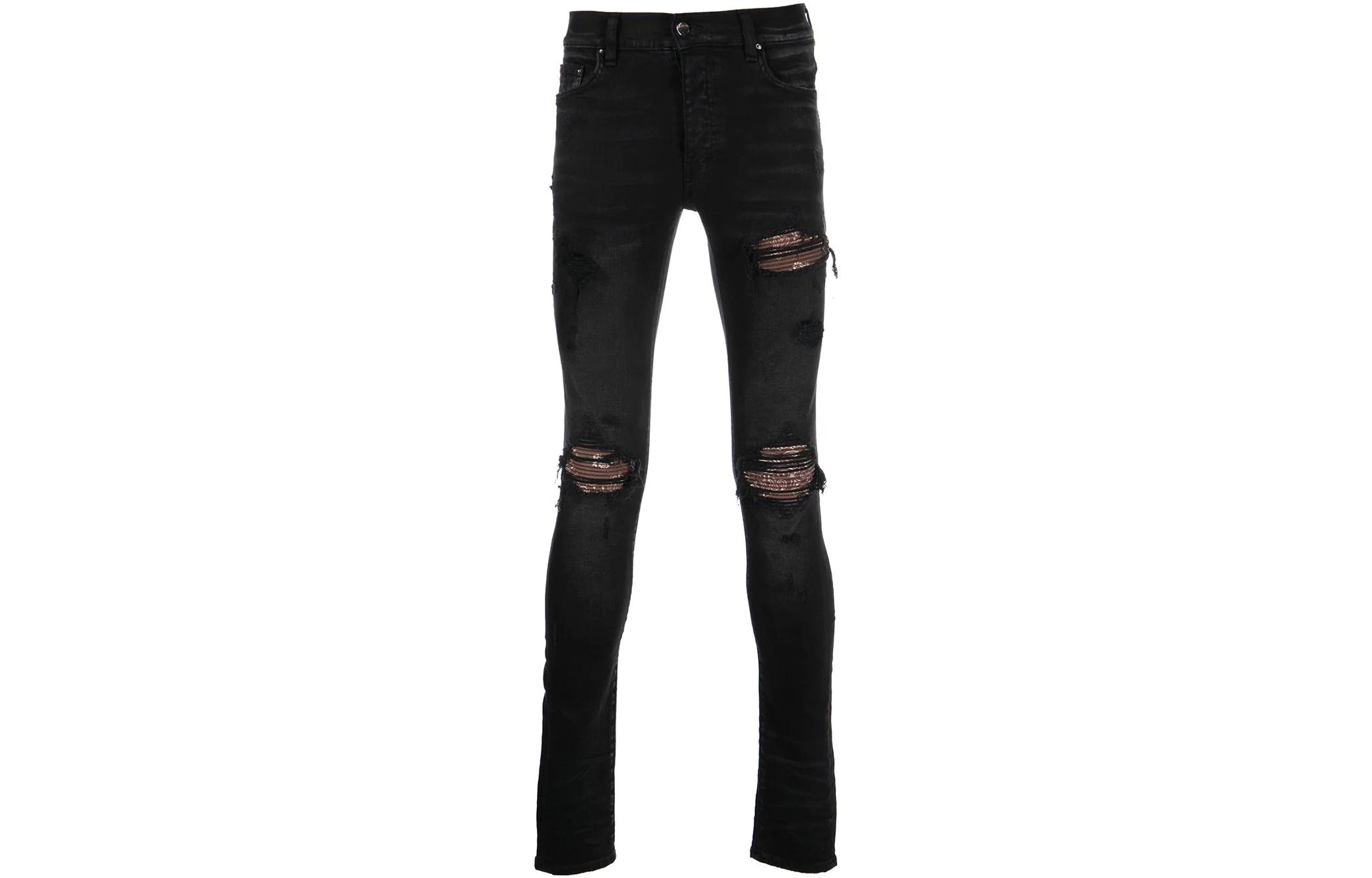 Order AMIRI FW22 Jeans Skinny Hitam Dengan Patch Paisley Distressed PF22MDS003D023