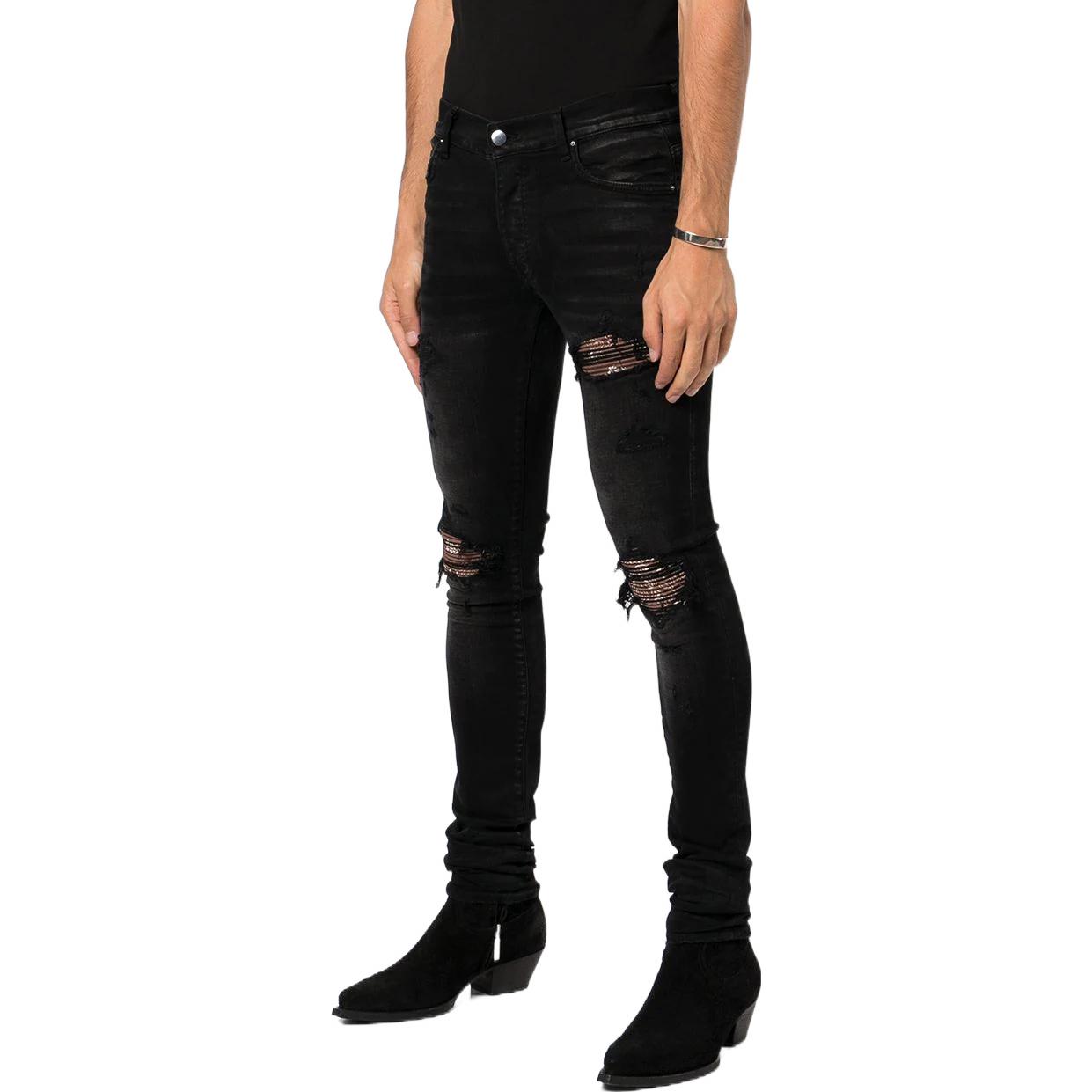 Purchase AMIRI FW22 Jeans Skinny Hitam Dengan Patch Paisley Distressed PF22MDS003D023