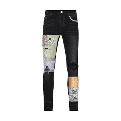 AMIRI FW22 Pattern Print Skinny Patch Jeans Black. PF22MDS021-023
