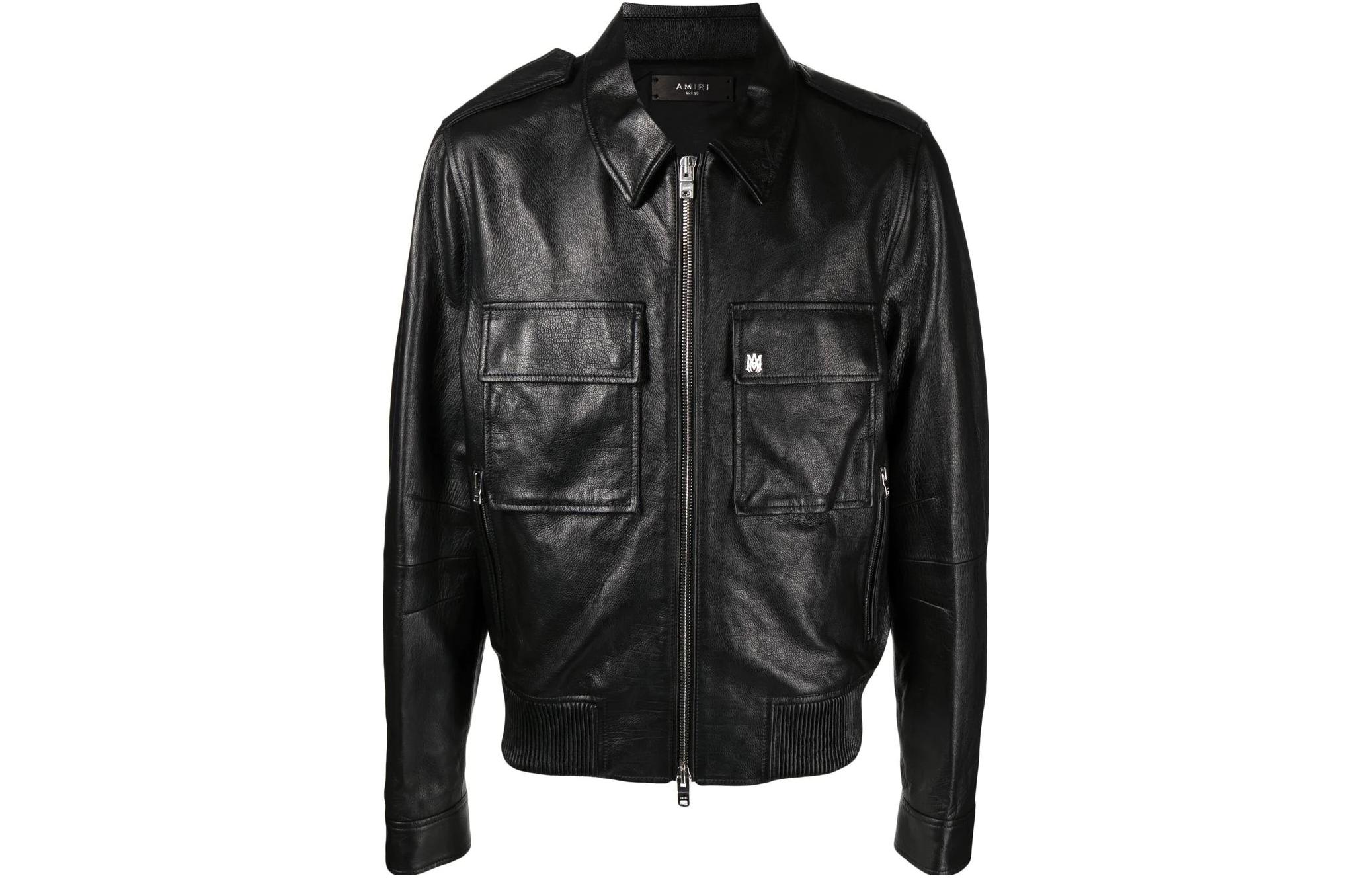 AMIRI FW22 Solid Color Leather Jacket with Ribbed Hem Black PF22MLJ001